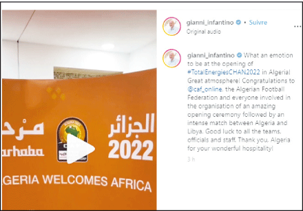 رئيس الفيفا جياني أنفانتينو يؤكد:  حفل افتتاح الشان مذهل وشكرا للجزائر على كرم الضيافة